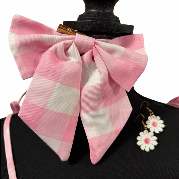 Pink & White Checkered Barbie Dress Costume with Bow Belt & Earrings size L - Picture 8 of 16